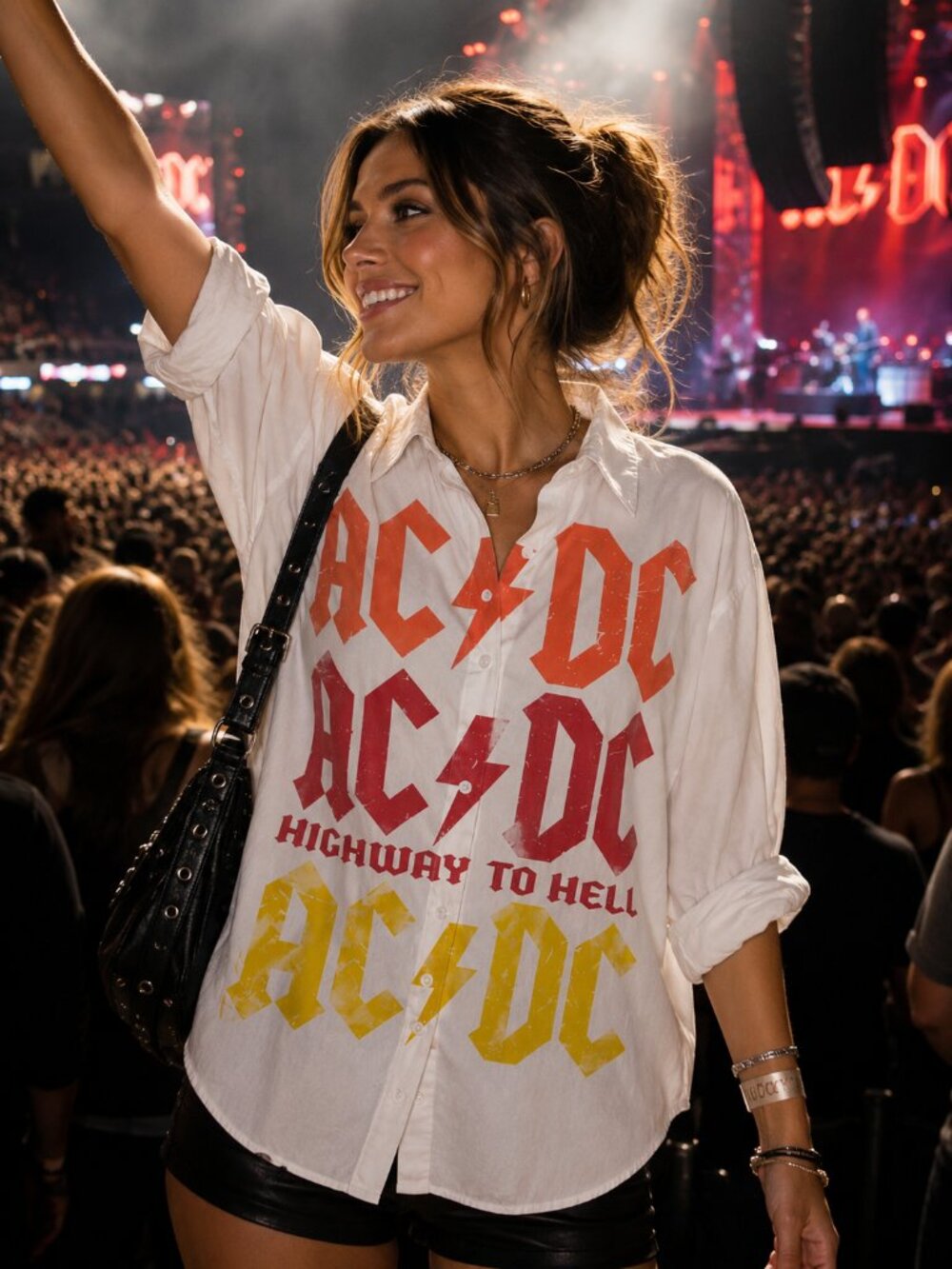 NWT AC/DC L XL Highway to Hell Graphic Button Down Shirt Rock Concert Oversized